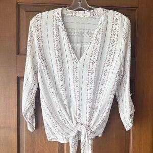 BE cool White, blue and Red Patterned tie up Blouse